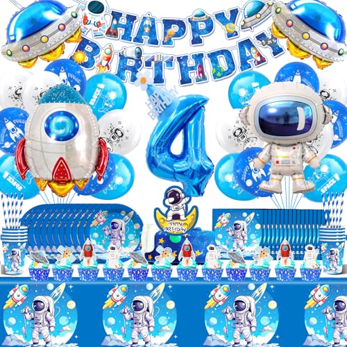 Weltraum Deko Kindergeburtstag 4 Jahre,Astronaut Geburtstag Ballons 103 Stück,Rakete Geburtstagsdeko Jungen Mädchen,Astronauten Luftballons,Weltraum Partygeschirr mit Servietten Pappteller von Cuidongsheng
