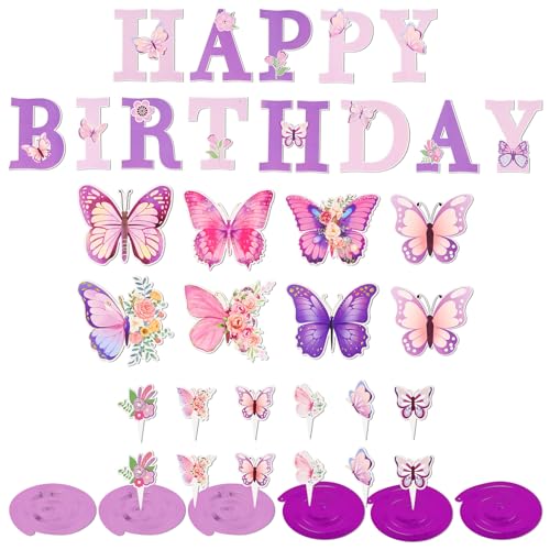 Culinavog Deko Geburtstag, Lila Schmetterlings-Geburtstagsdekorationsset, Wiederverwendbare Geburtstagsdeko, Happy Birthday Deko, Geburtstag Party Dekoration Banner für Frauen, Mädchen (Lila) von Culinavog