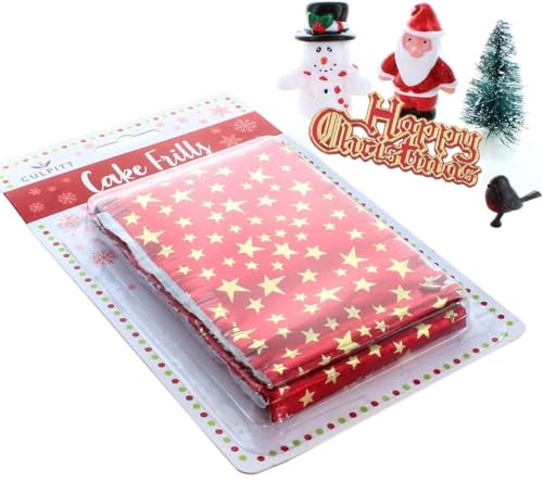 Culpitt Rot und Weiß Merry Christmas Cake Decoration Kit, Festliche Tortenaufsätze einschließlich Schneemann, Weihnachtsmann, Rotkehlchen, Plakette, Weihnachtsbaum und Sterne Kuchen Rüschen - 6 Stück von Culpitt