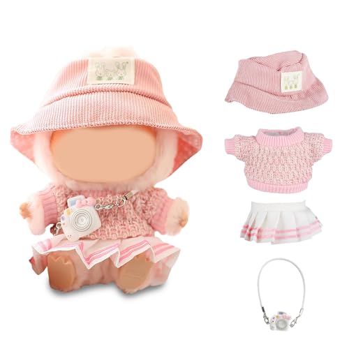 4 Stück Puppenkleidung für Labubu 15 cm 17 cm Plüschpuppen, Kawaii Pink Set beinhaltet 1 Strickpullover, 1 Faltenrock, 1 lässige Mütze, 1 Kamera, Kleid zum Beeindrucken von Puppen (keine Puppe) von Cumnvulnt