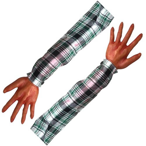 Cunlvyyds Halloween-Hände, abgetrennter falscher Arm mit kariertem Stoffärmel, 2 Stück, 53, 3 cm, gruselige, realistische Halloween-Körperteile für die Dekoration von Spukhauspartys, Stil 2 von Cunlvyyds