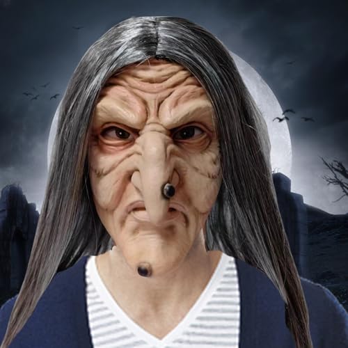 Cunlvyyds Halloween-Hexenmaske, böse, faltige Maske einer alten Dame mit langen Haaren und Hexennase, gruselige Latexmasken mit Belüftungslöchern, Einheitsgröße für Erwachsene, Halloween-Cosplay Cunlvyyds Halloween-Hexenmaske, böse, faltige Maske einer alten Dame mit langen Haaren und Hexennase, gruselige Latexmasken mit Belüftungslöchern, Einheitsgröße für Erwachsene, Halloween-Cosplay von Cunlvyyds