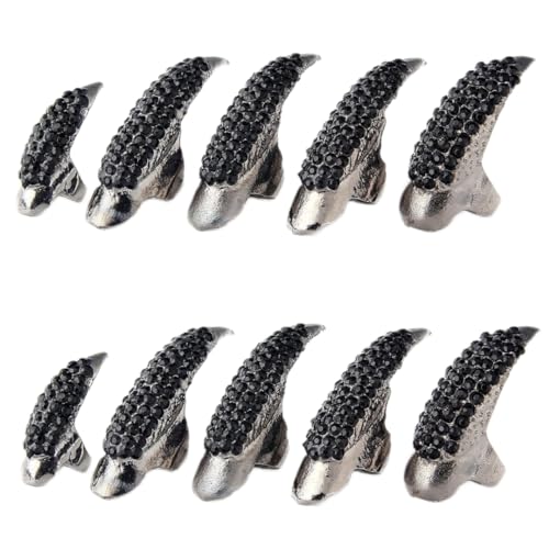 Cunlvyyds Halloween-Kostümkrallen, Gothic-Punk, 3 Größen, Kristall-Vollringkrallen, Mädchen, Frauen, Männer, Ring, falsche, einfache Lange Nägel (schwarz), 10 Stück, Halloween-Kostümkrallen von Cunlvyyds