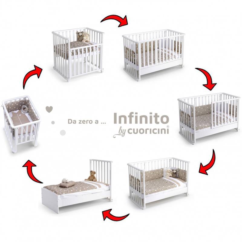 Culla Evolutiva Cuoricini Infinito 6 in 1 Bianco con Tessile Tortora + Materasso in Aloe Vera von Cuoricini
