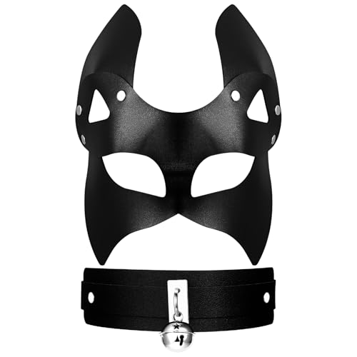 Cupimatch Fuchs Ledermaske mit Halsband: Schwarze PU Leder Halbgesichtsmaske Choker Set Mysteriös Fuchsohren Nietmaske Kragen mit Glöckchen Elegante Kostümmaske für Maskerade Karneval Rollenspiel von Cupimatch