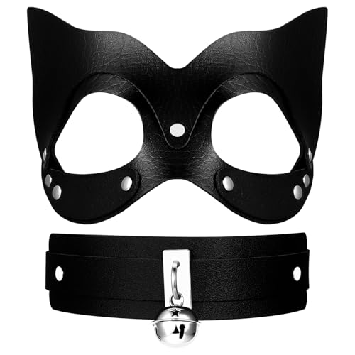 Cupimatch Katzen Ledermaske mit Halsband: Schwarze PU Leder Halbgesichtsmaske Choker Set Mysteriös Katzenohren Nietmaske Kragen mit Glöckchen Elegante Kostümmaske für Maskerade Karneval Rollenspiel Cupimatch Katzen Ledermaske mit Halsband: Schwarze PU Leder Halbgesichtsmaske Choker Set Mysteriös Katzenohren Nietmaske Kragen mit Glöckchen Elegante Kostümmaske für Maskerade Karneval Rollenspiel von Cupimatch