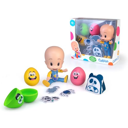 Cuquin Cleo Überraschungseier, Vinylpuppe mit 3 Überraschungseiern mit 3 Tieren im Inneren und 1 Stoffrucksack, 20 cm große Figur, Berühmt (CUQ00000) von Cleo & Cuquin