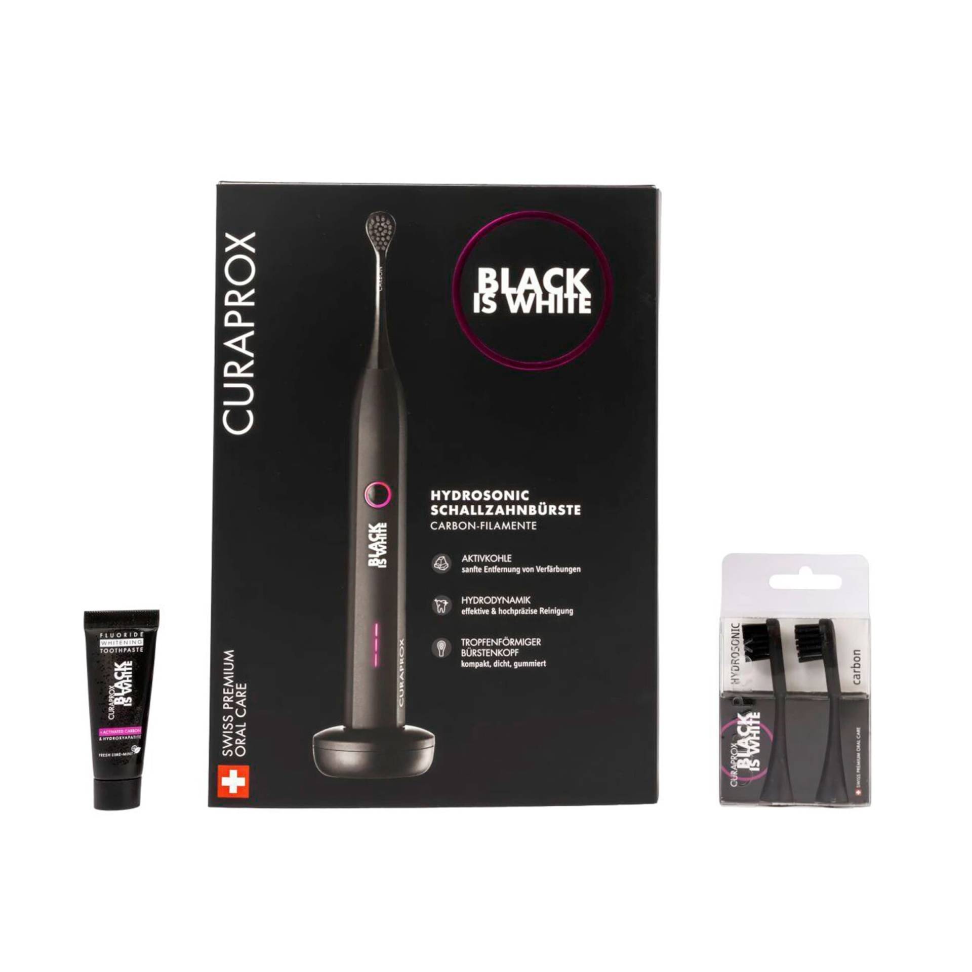 Curaprox 3er-Set Black is White Elektrische Zahnbürste mit Ersatzbürstenköpfe und Zahnpasta Curaprox 3er-Set Black is White Elektrische Zahnbürste mit Ersatzbürstenköpfe und Zahnpasta von Curaprox
