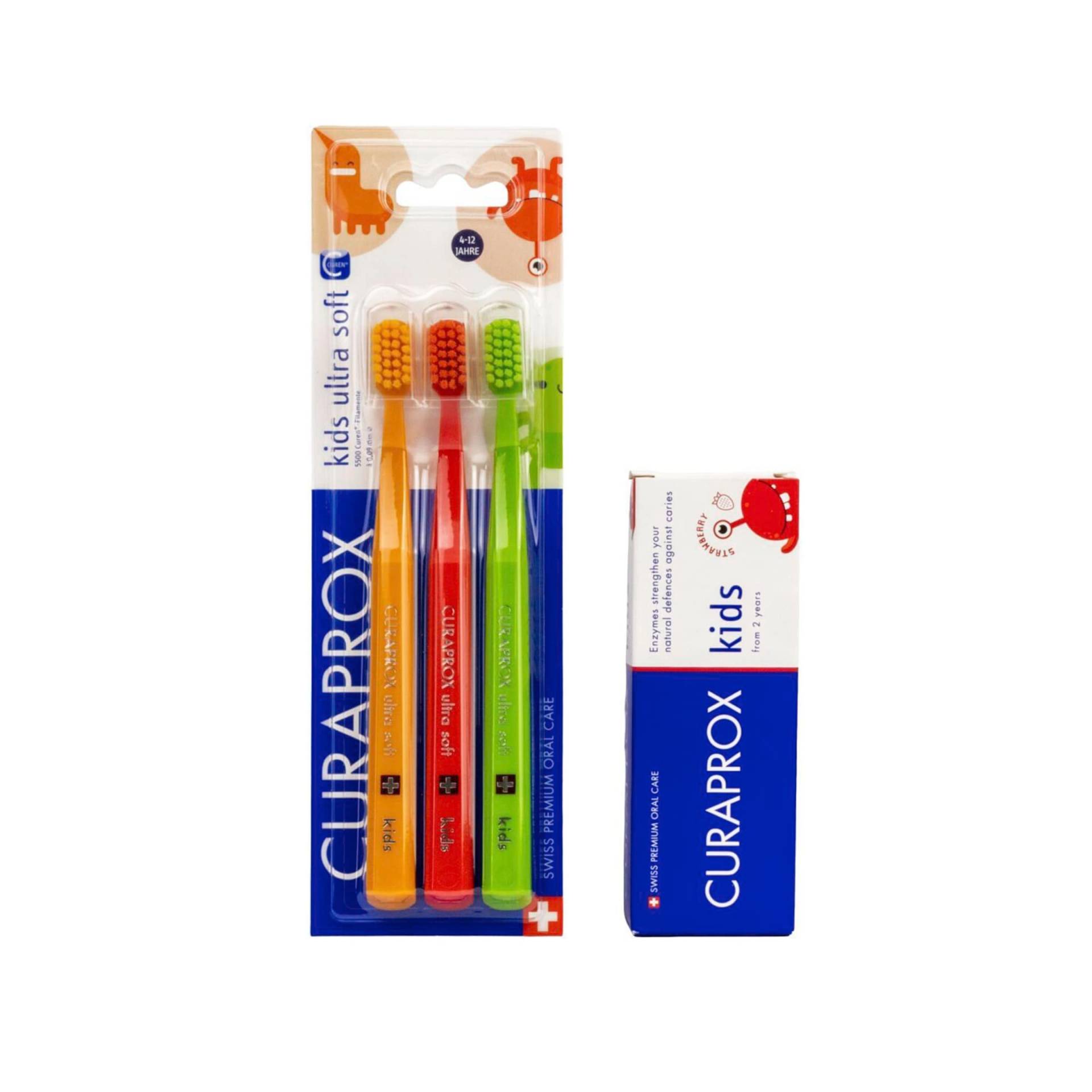 Curaprox 4er-Set Kids Zahnbürsten und Zahnpasta Erdbeere Curaprox 4er-Set Kids Zahnbürsten und Zahnpasta Erdbeere von Curaprox