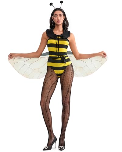 Cosplay-Kostüm-Set für Damen, Bienenkleid mit Flügeln, Stirnband, Beinärmeln für Halloween, Rollenspiele, Motto-Party-Anzug (Gelb, D, XL) von Cusghjbsg