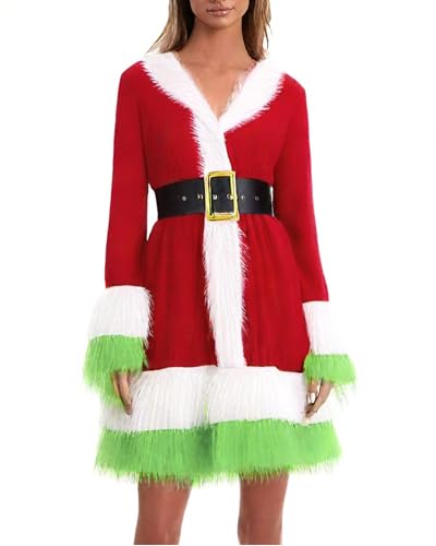 Cusghjbsg Damen-Kostüm, Weihnachtsmann-Kostüm, Outfits, Weihnachten, schickes Samt-Kapuzenkleid, Cosplay, Motto-Party, Bühnenshow-Kostüm mit Gürtel (Grün C, S) von Cusghjbsg
