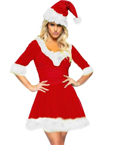 Cusghjbsg Damen-Kostüm, Weihnachtsmann-Kostüm, Outfits, Weihnachten, schickes Samt-Kapuzenkleid, Cosplay, Motto-Party, Bühnenshow-Kostüm mit Gürtel (Rot, F, M) von Cusghjbsg