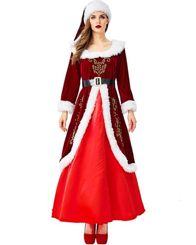 Cusghjbsg Damen-Kostüm, Weihnachtsmann-Kostüm, Outfits, Weihnachten, schickes Samt-Kapuzenkleid, Cosplay, Motto-Party, Bühnenshow-Kostüm mit Gürtel (Rot B, M) von Cusghjbsg
