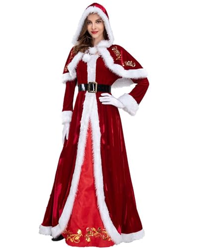 Cusghjbsg Damen-Kostüm, Weihnachtsmann-Kostüm, Outfits, Weihnachten, schickes Samt-Kapuzenkleid, Cosplay, Motto-Party, Bühnenshow-Kostüm mit Gürtel (rot, J, XL) von Cusghjbsg