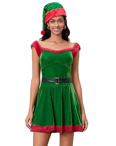 Cusghjbsg Damen-Kostüm, Weihnachtsmann-Kostüm, Outfits, Weihnachten, schickes Samt-Kapuzenkleid, Cosplay, Mottoparty, Bühnenshow-Kostüm mit Gürtel (Grün 01, XL) von Cusghjbsg
