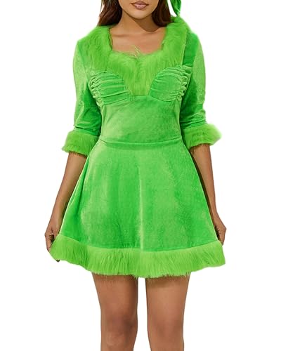 Cusghjbsg Damen-Kostüm, Weihnachtsmann-Kostüm, Outfits, Weihnachten, schickes Samt-Kapuzenkleid, Cosplay, Mottoparty, Bühnenshow-Kostüm mit Gürtel (Grün F, S) von Cusghjbsg