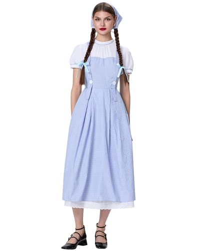 Cusghjbsg Damen-Kostüm für Halloween, Cosplay, Bauernhof, Spitze, Patchwork, kurze Ärmel, A-Linie, Kleid und Haargummi, Set, Rollenspiel, Party-Outfits (Blau B, S) von Cusghjbsg