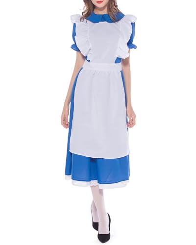 Cusghjbsg Damen-Kostüm für Halloween, Cosplay, Bauernhof, Spitze, Patchwork, kurze Ärmel, A-Linie, Kleid und Haargummi, Set, Rollenspiel, Party-Outfits (Blau C, M) von Cusghjbsg