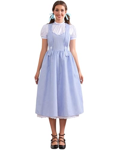 Cusghjbsg Damen-Kostüm für Halloween, Cosplay, Bauernhof, Spitze, Patchwork, kurze Ärmel, A-Linie, Kleid und Haargummi, Set, Rollenspiel, Party-Outfits (Himmelblau A, M) von Cusghjbsg