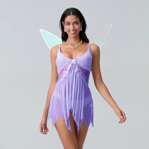Cusghjbsg Damen-Kostüm für Halloween, Fee, Cosplay, Wald, Spitze, Blumenmuster, V-Ausschnitt, hübsches Pixie-Prinzessinnen-Cami-Kleid mit Flügel, 2-teiliges Outfit (Lavendel A, L) von Cusghjbsg