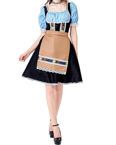 Cusghjbsg Deutsche Oktoberfest-Kostüme für Damen, kurze Puffärmel, Kleider mit Schürzen, Sets, Halloween, Weihnachten, Dienstmädchen, Cosplay, Party-Outfits (Blau A, L) von Cusghjbsg