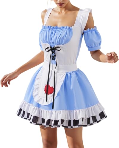 Cusghjbsg Deutsche Oktoberfest-Kostüme für Damen, kurze Puffärmel, Kleider mit Schürzen, Sets, Halloween, Weihnachten, Dienstmädchen, Cosplay, Party-Outfits (Himmelblau B, L) von Cusghjbsg