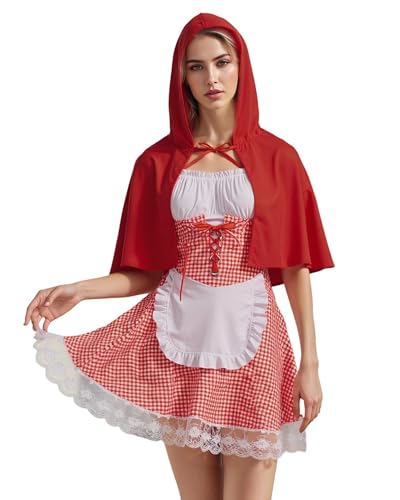 Cusghjbsg Deutsche Oktoberfest-Kostüme für Damen, kurze Puffärmel, Kleider mit Schürzen, Sets, Halloween, Weihnachten, Dienstmädchen, Cosplay, Party-Outfits (Rot C, S) von Cusghjbsg