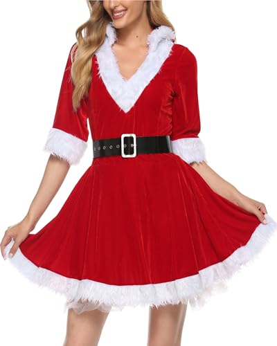 Cusghjbsg Frauen-Mrs-Claus-Weihnachtsmann-Kostüm, Outfits, Weihnachten, ausgefallenes Samt-Kapuzenkleid, Cosplay, Mottoparty, Bühnenshow-Kostüm mit Gürtel (Rot A, XXL) von Cusghjbsg