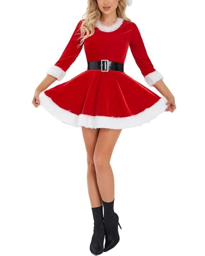 Cusghjbsg Frauen-Mrs-Claus-Weihnachtsmann-Kostüm, Outfits, Weihnachten, ausgefallenes Samt-Kapuzenkleid, Cosplay, Mottoparty, Bühnenshow-Kostüm mit Gürtel (Rot H, S) von Cusghjbsg