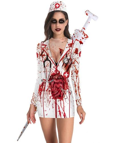 Cusghjbsg Halloween-Cosplay-Kostüm für Damen, Deluxe, Krankenschwester, Zombie, figurbetontes Kleid, Motto-Party, Verkleiden mit Hut, Bühnenshow-Kostüm (Weiß A, S) von Cusghjbsg