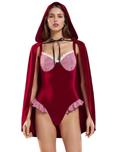 Cusghjbsg Halloween-Cosplay-Kostüm für Damen, ärmellos, Spaghettiträger, kariert, Patchwork-Bodys, Strampler mit Kapuze, Umhang (Rot, A, L) von Cusghjbsg