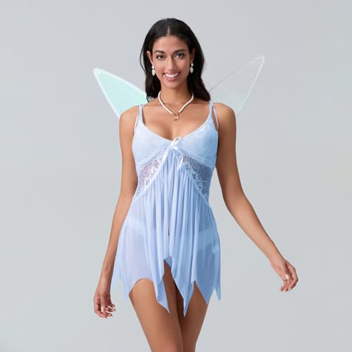 Cusghjbsg Halloween-Kostüm für Damen, Fee, Cosplay, Wald, Spitze, Blumenmuster, V-Ausschnitt, hübsches Pixie-Prinzessinnen-Cami-Slip-Kleid mit Flügel, 2-teiliges Outfit (Blau A, M) von Cusghjbsg