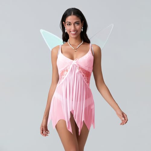 Cusghjbsg Halloween-Kostüm für Damen, Fee, Cosplay, Wald, Spitze, Blumenmuster, V-Ausschnitt, hübsches Pixie-Prinzessinnen-Cami-Slip-Kleid mit Flügel, 2-teiliges Outfit (Pink A, M) von Cusghjbsg