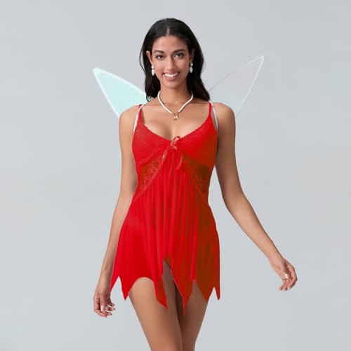 Cusghjbsg Halloween-Kostüm für Damen, Fee, Cosplay, Wald, Spitze, Blumenmuster, V-Ausschnitt, hübsches Pixie-Prinzessinnen-Cami-Slip-Kleid mit Flügel, 2-teiliges Outfit (Rot A, L) von Cusghjbsg