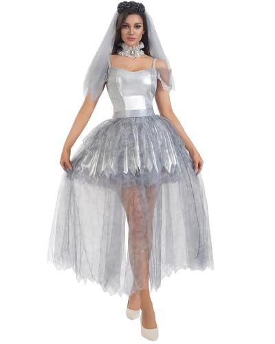 Cusghjbsg Halloween-Kostüm für Damen, Totbraut-Kostüm, gruseliges Geisterkorsett-Kleid mit Schleier, Blumen-Stirnband, Cosplay-Outfits (Grau C, L) von Cusghjbsg