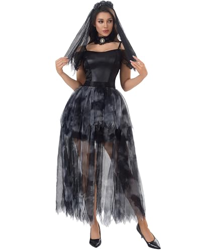 Cusghjbsg Halloween-Kostüm für Damen, Totbraut-Kostüm, gruseliges Geisterkorsett-Kleid mit Schleier, Blumen-Stirnband, Cosplay-Outfits (Schwarz C, L) von Cusghjbsg