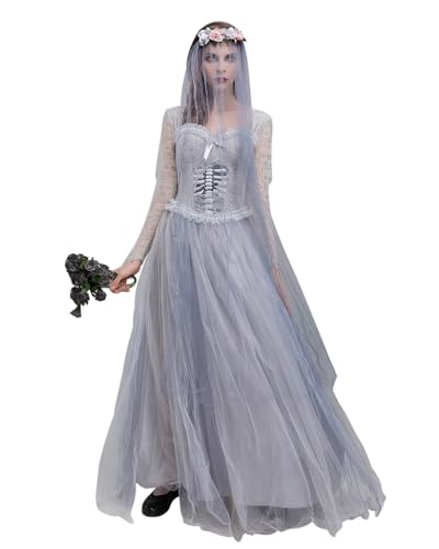Cusghjbsg Halloween-Kostüm für Damen, Totbraut-Kostüm, gruseliges Geisterkorsett-Kleid mit Schleier, Blumen-Stirnband, Rolle, Cosplay-Outfits (Grau, S) von Cusghjbsg