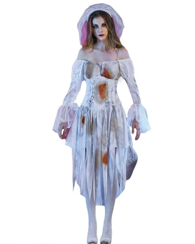 Cusghjbsg Halloween-Kostüm für Damen, Totbraut-Kostüm, gruseliges Geisterkorsett-Kleid mit Schleier, Blumen-Stirnband, Rolle, Cosplay-Outfits (Weiß B, M) von Cusghjbsg