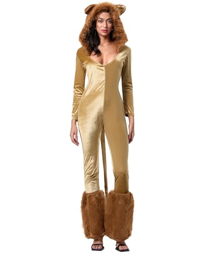 Cusghjbsg Halloween-Löwen-Strampler-Kostüm für Damen, Deluxe-Dschungel, pelziger Löwe, mit Kapuze, Jumpsuit, Tier, Cosplay, Partyzubehör, Performance-Kostüm (Golden A, M) von Cusghjbsg