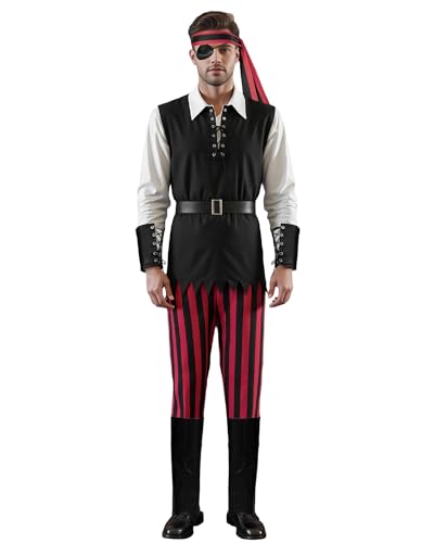 Cusghjbsg Halloween-Piratenkostüme, Piraten-Bandana, Augenklappe, Oberteil, Hose und Gürtel, lustiges 5-teiliges Set für Cosplay, Party, Verkleiden (Schwarz, XXL) von Cusghjbsg