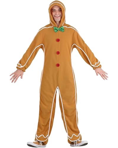 Cusghjbsg Herren Damen Weihnachten Cosplay Kostüm Lebkuchen Langarm Reißverschluss Kapuze Jumpsuit Erwachsene Party Rollenspiel Strampler Loungewear (Gelb B, S) von Cusghjbsg
