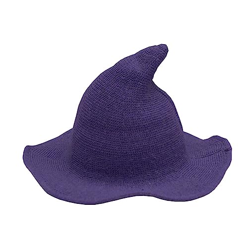 Cusghjbsg Hexenhut für Erwachsene und Kinder, kreativer Spire-Wollstrick, Eimerkappe, faltbar, breiter Rand, Zauberer-Kappe, exquisit, lustig, Halloween-Cosplay-Hut (Kinder, Dunkelviolett, Kinder) von Cusghjbsg