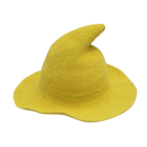 Cusghjbsg Hexenhut für Erwachsene und Kinder, kreativer Spire-Wollstrick, Eimerkappe, faltbar, breiter Rand, Zauberermütze, exquisit, lustig, Halloween, Cosplay, Kinder (Gelb, Kinder) von Cusghjbsg