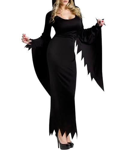Cusghjbsg Hexenkostüm für Damen, klassisch, Gothic, langärmelig, mit Kapuze, langes Kleid, Mitternachts-Vampirin, Cosplay, Verkleidung (Schwarz, A, S) von Cusghjbsg