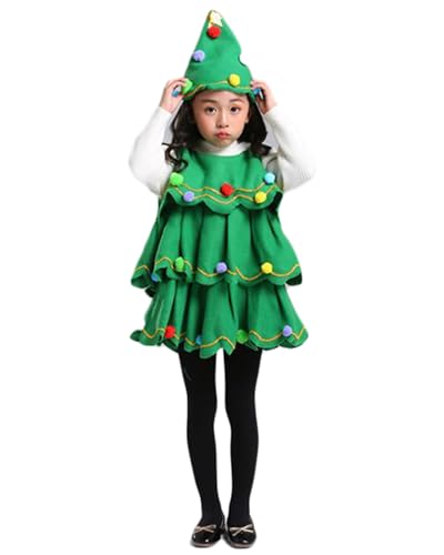 Cusghjbsg Kinder Weihnachten Cosplay Kostüm ärmelloses Kleid und Hut Weihnachtsbaumform Pelzball Dekoration Festival Kleidung (A-Grün, 4-5 Jahre) von Cusghjbsg