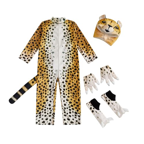 Cusghjbsg Lustiges Halloween-Tierkostüm für Kinder, Jungen, Mädchen, Hirsch, Rollenspiel, mit Kapuze, langärmelig, Strampler, Leopard, Cosplay-Kostüm, Jumpsuits (Gold A, 3–4 Jahre) von Cusghjbsg