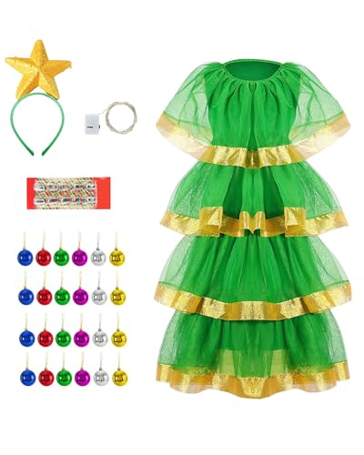 Cusghjbsg Weihnachtsbaum-Kostüm für Damen, Tüll, mehrlagig, Rüschen, DIY, bunte Kugeln und fünfzackiger Stern, Haarband, Kuchenkleid, Cosplay-Kostüme (Grün A, M) von Cusghjbsg