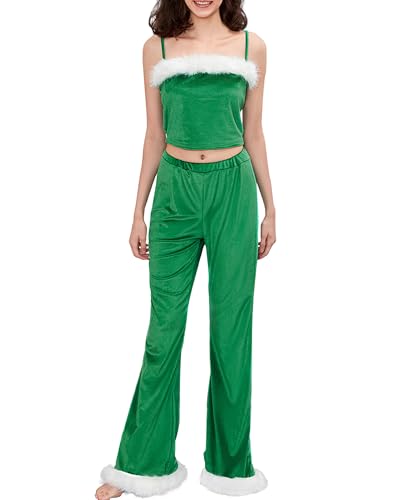 Cusghjbsg Weihnachtskostüm für Damen, Weihnachtsmann, Plüschbesatz, Patchwork, ärmellos, trägerlos, Schlauch-Top, elastische Taille, lange Hose, Cosplay-Outfits (Grün, A, XL) von Cusghjbsg