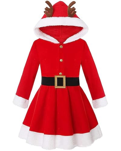 Cusghjbsg Weihnachtskostüm für Kinder, Mädchen, niedliches Rentier, lange Ärmel, A-Linie, Kapuzenkleid mit Gürtel, Weihnachtsmann, Cosplay, Party, Kostüm (Rot A, M) von Cusghjbsg