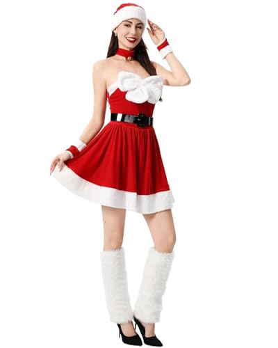 Cusghjbsg Weihnachtskostüme für Damen, Schneemann-Kleid und karierter Schal, Mütze, Handschuhe, Set, ausgefallene Cosplay, Maskerade, Rollenspiel, Party-Outfits (rot, B, Einheitsgröße) von Cusghjbsg